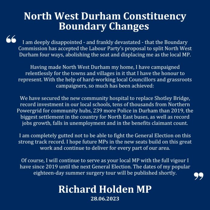 Richard Holden MP Response to Boundary Commission Abolition of North West Durham